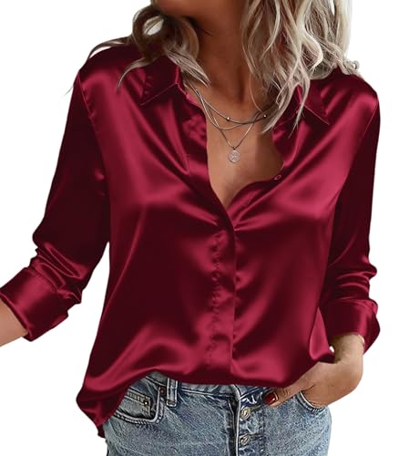 Zeagoo Satin Blouses for Women Casual Long Sleeve Button Down Silk Shirts Dressy Business Work Tunic Top