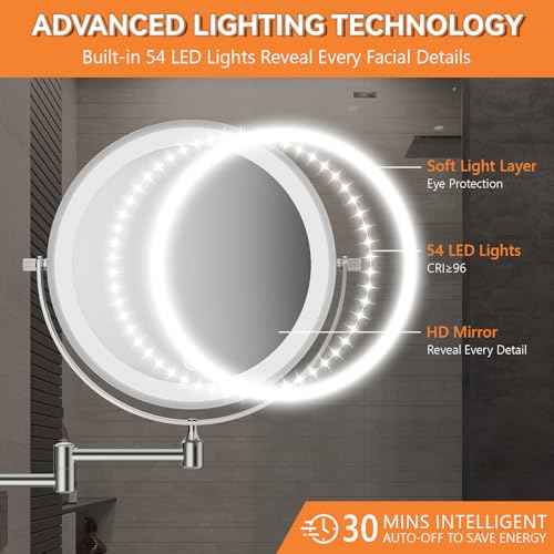 Auxmir 1X/20X Wall Mounted Makeup Mirror with Light, 8" Rechargeable Double-Sided Magnifying Mirror, Vanity Mirror Dimmable 3 Color Light, 360¡Æ Extension Rotation Foldable 14.5 Inch Arm, Chrome