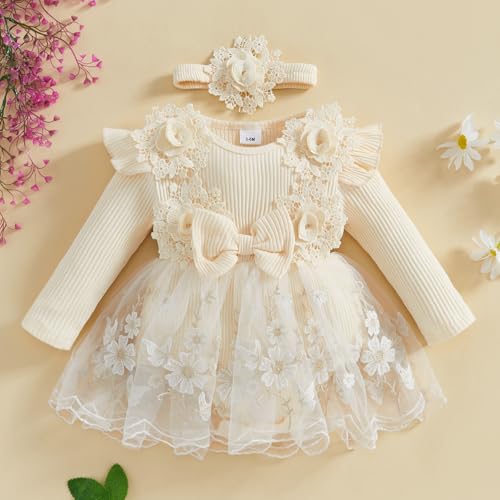Baby Girl Romper Dress Baby Dress Romper Lace Flowers Infant Fall Winter Festival Clothes with Headband