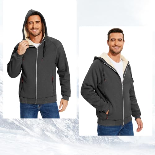 Flygo Sherpa Hoodies for Men Zip Up Winter Fleece Lined Hooded Sweatshirt Heavyweight Warm Jackets