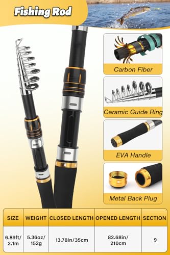 Fishing Pole Combo Set, 6.89ft Fishing Rod and Reel Combo, Carbon Fiber Telescopic Fishing Rod Kit with Spinning Reel, Fis...