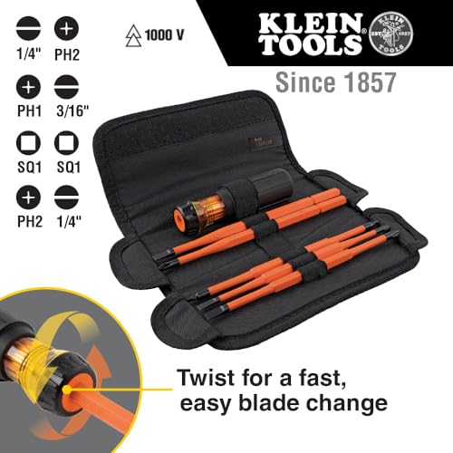 Klein Tools 32288 Insulated Screwdriver, 8-in-1 Screwdriver Set with Interchangeable Blades, 3 Phillips, 3 Slotted and 2 S...