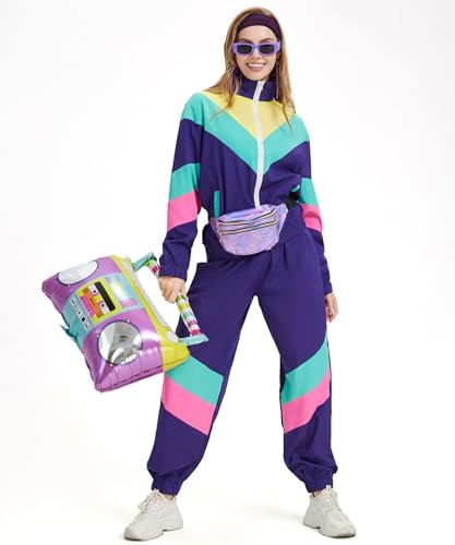 Coseaon 80s Tracksuit for Women Retro Windbreaker Outfit 90s Color Block Sportswear Set with Jacket Sweatpants