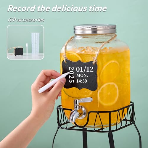 2 Gallon Glass Beverage Dispenser with Stand, Stainless Steel Spigot and Lid, Glass Drink Dispensers for Parties, Drink Di...