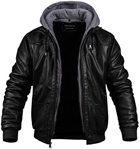 CREATMO US Men's Faux Leather Jacket Motorcycle Jacket Waterproof Windproof PU Moto Vintage Bomber Hoodie with Removable Hood