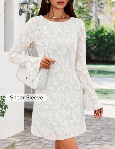 ZESICA Long Sleeve Mini Dresses for Women Spring Mesh Floral Crewneck Bodycon Wedding Guests Cocktail Party Short Dress
