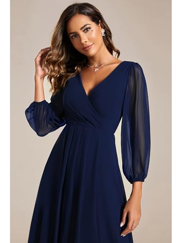 Ever Pretty Women's Chiffon V Neck Long Sleeves A-Line Midi Length Wedding Guest Dress Cocktail Party Formal Dresses 01926
