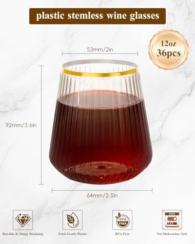 Goodluck 36 Pack 12oz Stemless Plastic Wine Glasses – Clear Ribbed Cups with Gold Rim, Fancy Reusable Disposable Drinkware...