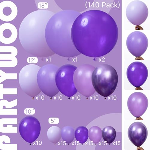 PartyWoo Purple Balloon Arch Kit Garland 140pcs Different Sizes of 18 12 10 5 Inch Dark Royal Light Pastel Metallic Purple...