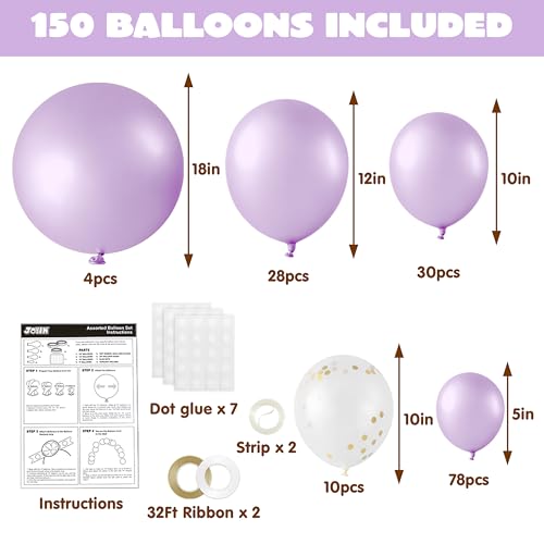 JOYIN 150 Pcs Pastel Purple Balloons, Different Sizes 18 12 10 5 Inch Pastel Purple Latex Balloon Arch Kit with Instructio...