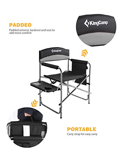 KingCamp Camping Foldable Padded Director Arm Chair with Side Table and Pocket, Grey