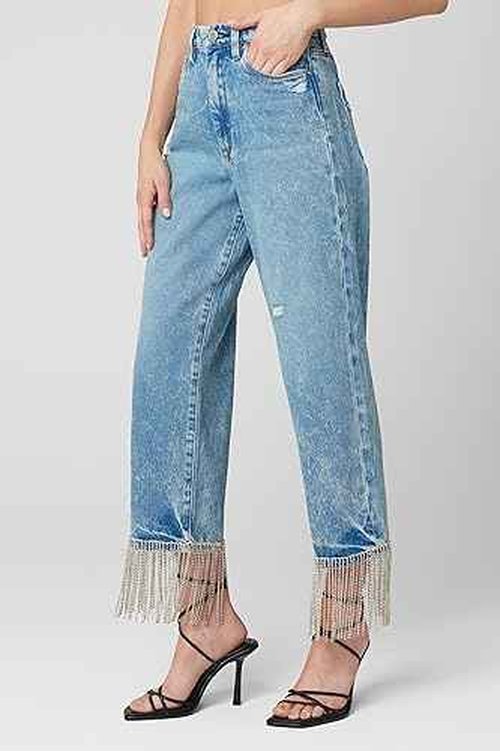 [BLANKNYC] Womens Baxter High Rise Denim Pant with Rhinestone Fringe Jeans, Heart and Soul, 26-27 US