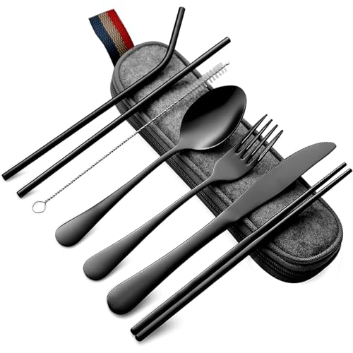 Camping Utensil Set for Men, 7-Piece Portable Silverware with Compact Case, Black Stainless Steel Travel Cutlery, Lunch Bo...