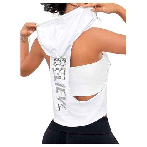 SweatyRocks Women's Sleeveless Low Cut Racerback Hoodies Workout Tops Cropped Hooded Tanks with Pocket