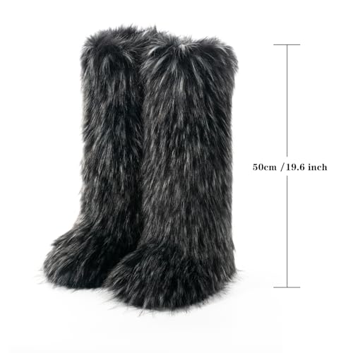 IXU Women's Faux Fur Boot Furry Fluffy Round Toe Suede Winter Comfy Plush Warm Short Outdoor Indoor Flat Shoes Knee-High B...