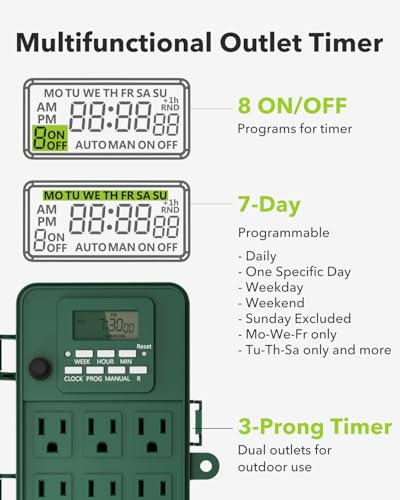 BN-LINK Outdoor Power Stake, 7-Day Programmable Digital Timer, 6 Outlets, 6FT Extension Cord, Waterproof Perfect for Chris...