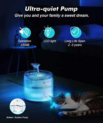 NPET WF100 Cat Foutain, 54oz/1.6L Automatic Pet Water Fountain Dog Water Dispenser with 2 Flow Modes, Bottom Suction LED L...