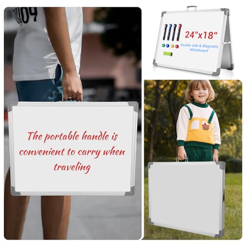 White Board Dry Erase 24" x 18", Magnetic Portable Foldable Whiteboard Double Sided Desktop Dry Erase Board Easel on Table...