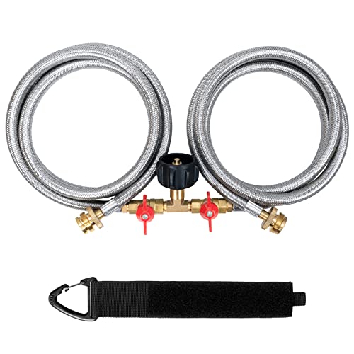 Propane Y Splitter Hose 2 Way Stainless Steel Braided Y Splitter CGA Propane Tank Converter Adapter Hose 5 FT Propane Hose...