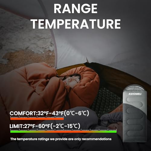 ASHOMELI Camping Sleeping Bags for Adults - 4 Season Warm & Cool Weather - Summer, Spring, Fall, Winter, Lightweight, Wate...