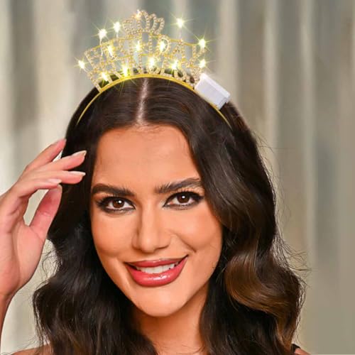 DRESBE Light Up Birthday Tiara LED Princess Crown Headband Glow Party Hair Accessories for Women (Gold)