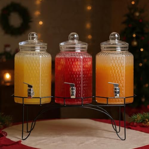 Drink Dispenser Set of 3 - Beverage Dispenser with Stand - Glass Drink Dispensers for Lemonade, Juice, Water, Iced Tea, Pu...