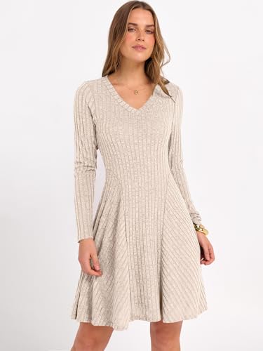 ANRABESS Women Long Sleeve Ribbed Knit Short Dresses 2026 Spring V Neck Casual Swing A Line Sweater Dress