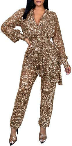 HugeNice Women's Dressy Jumpsuits Elegant Wrap V Neck Wide Leg Long Pants Casual Rompers Party Clubwear