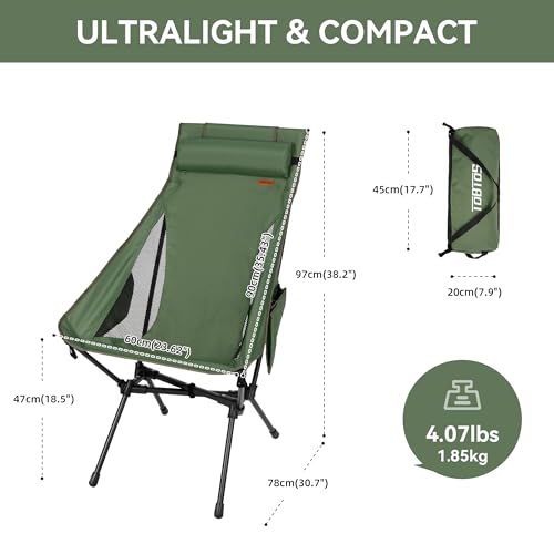 TOBTOS Portable High Back Camping Chair, Support Heavy Duty 440 lbs, Compact Folding Chair with Detachable Pillow for Cam...