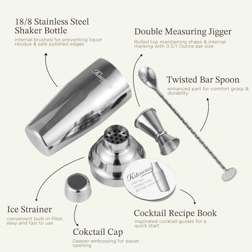 Cocktail Shaker, KITESSENSU 24oz Drink Shaker with Bartender Strainer, Measuring Jigger, Bar Mixing Spoon, Cocktail Recipe...