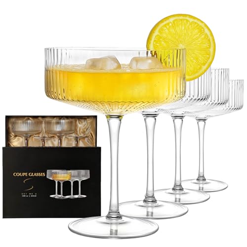 4 Pcs Coupe Glasses, Hand Blown 10 oz Cocktail Glasses, Ribbed Glasses, Gift Boxed Drinking Glass Set, Pefect Gift for Chr...