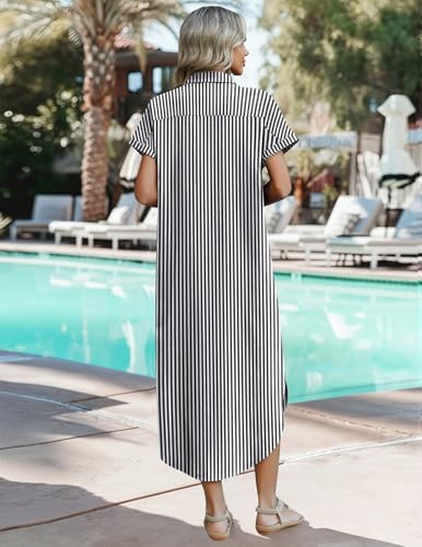 Zeagoo Womens Summer Casual Short Sleeve Button Down Long Shirt Dresses Loose Swimsuit Beach Cover Ups with Pockets