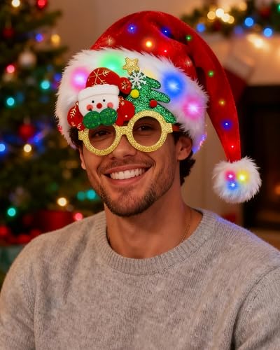 Hiwtonk LED Light Up Christmas Santa Hat with Christmas Glasses Set for Adult Xmas New Year Festive Holiday Party Headwear