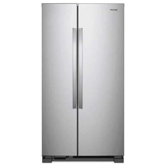 Whirlpool 33 Inch Freestanding Side by Side Refrigerator with 21.72 Cu. Ft. Total Capacity, Adjustable Gallon Door Bins, LED Interior Lighting, Hidden Hinges, Frameless Glass Shelves, Stainless Steel