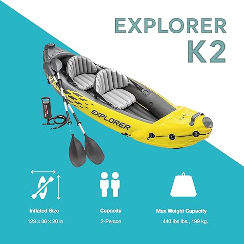 Intex 68307EP Explorer K2 Inflatable Kayak Set: Deluxe 86in Kayak Paddles and High-Output Pump – Adjustable Seats with Bac...