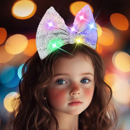 Formery Light Up Bowknot Headband Silver Sequin Bow Hairband Led Glitter Hair Accessories for Women