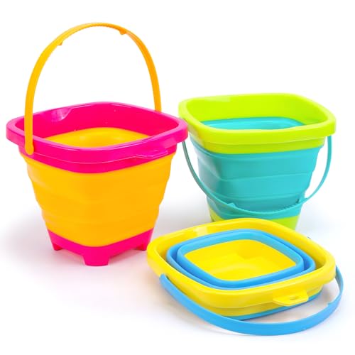 Shindel 3Packs Foldable Pail Bucket, 2L Silicone Collapsible Beach Toys Bucket for Kids, Multi Purpose for Fun Summer Acti...