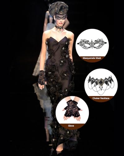 Quafochi 4pcs Masquerade Mask Set for Women – Gothic Choker, Gloves & Lace Masks, Adjustable & Lightweight for Halloween, ...