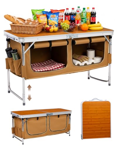 Outvita Folding Table, 4FT Aluminum Camping Table with Large Storage Space and Adjustable Height Picnic Table Lightweight ...