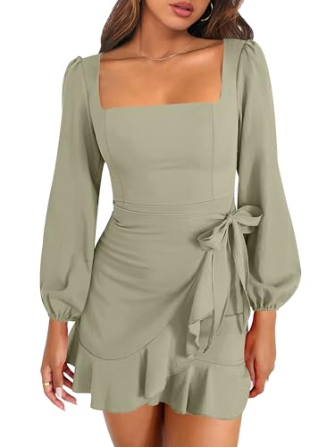 ANRABESS Womens Dress Long Sleeve Square Neck Tie Waist Ruffle Hem Short Cocktail Wedding Guest Fall Party Club Mini Dresses