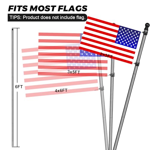 Msnaile 6FT Carbon Fiber Flag Pole, Flagpole for Outside House, Porch Flagpoles, Tangle Free Black Flag Pole Kit, Wind-Res...