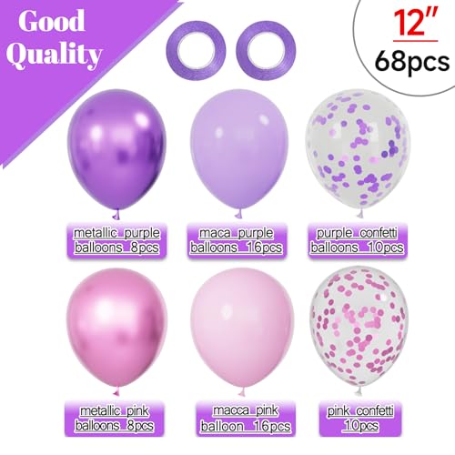 68Pcs Pink and Purple Balloons 12 Inch Metallic Purple Pink Latex Balloon Confetti ballons with Ribbons Party Balloons for...