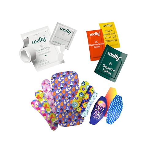 Welly First Aid Kit - Adhesive Flexible Fabric and Waterproof Bandages, Tape and Non-Stick Pads, Butterfly Strips, Single ...