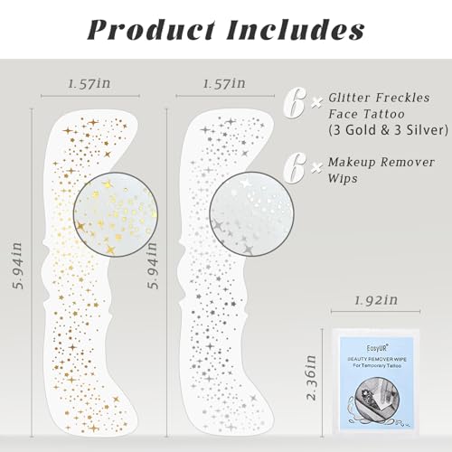 HOSAILY 6 PCS Glitter Freckles Face Tattoo, Gold&Silver Waterproof Face Sparkle Glitter Speckles Patches for Women, Cute S...