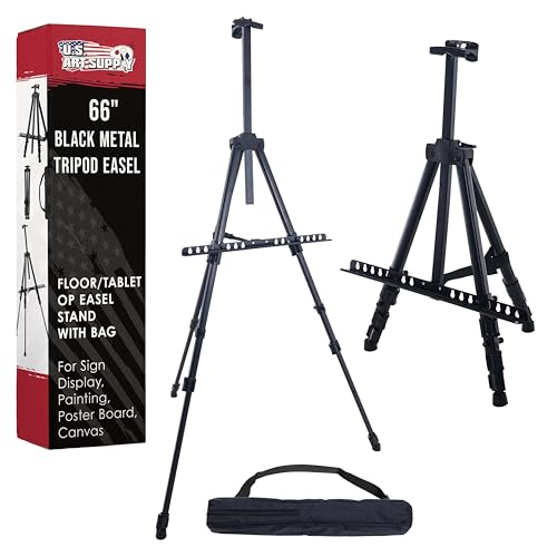 U.S. Art Supply 66" Black Metal Tripod Easel Display - Adjustable 20"- 5.5', Holds 32" Canvas - Floor/Tabletop Easel Stan...
