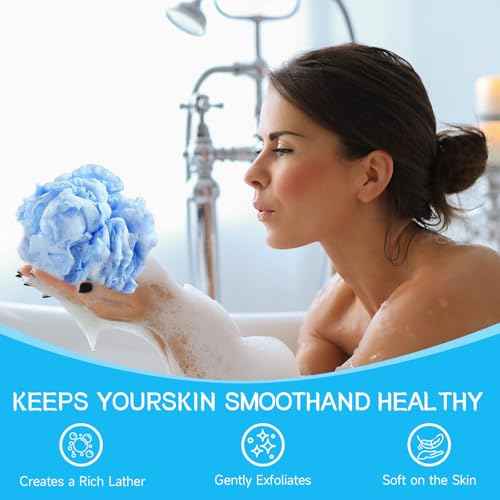 Loofah Sponge Shower Loofahs Bath Sponges Mesh Balls for Women Men Bathing Accessories Body Wash Back Scrubber 50g Soft Pouf Body Scrubber Loofahs Puff Pack, Exfoliate, Cleanse, Soothe Skin (4 Colors)