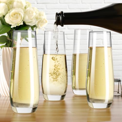 PARACITY Stemless Champagne Flutes, Champagne Glasses Set of 4, 8oz Glass Champagne Flutes, Gift for Birthday, Wedding, Ch...