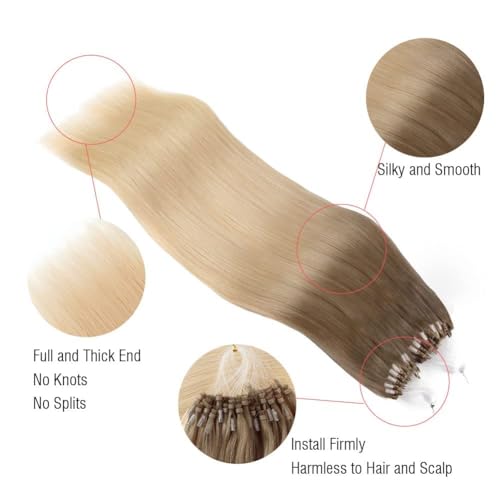 ABH AMAZINGBEAUTY HAIR Micro Ring Ombre Blonde Micro Links Hair Extensions Remy Human Hair Ash Brown Ombre Platinum Blonde Hair Extensions Micro Loop Hair Extensions Balayage Blonde 20inch 50G 50S