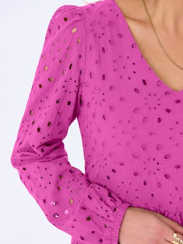 ANRABESS Long Sleeve V Neck Dresses for Women Eyelet Hollow Out Business Casual Tiered 2026 Fall Mini Dress with Pockets