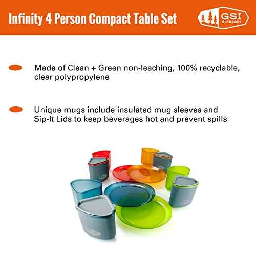GSI Outdoors Infinity 4 Person Compact Nesting Tableset for Ultra-Light and Compact with Cup, Bowls and Plates for Camping, RV, or BBQ